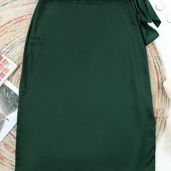 Green Satin Wrap Midi Skirt with Split - Picture 6 of 14
